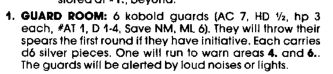 An example encounter of keep from the borderlands, showing the first room with six kobolds