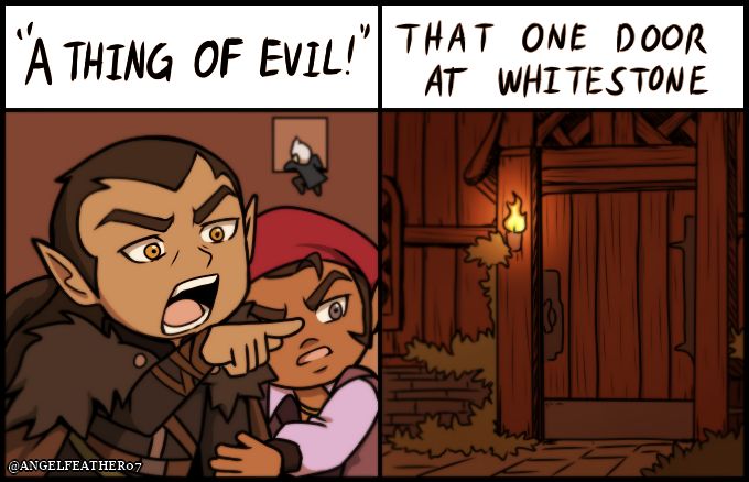 Cartoon of Vax'ildan and Scanlan trying to enter a door at whitestone.