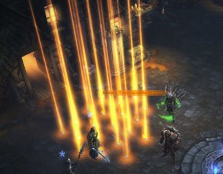 Screenshot of Diablo 3 showing a bunch of legendaries and their golden rays, scattered across the screen